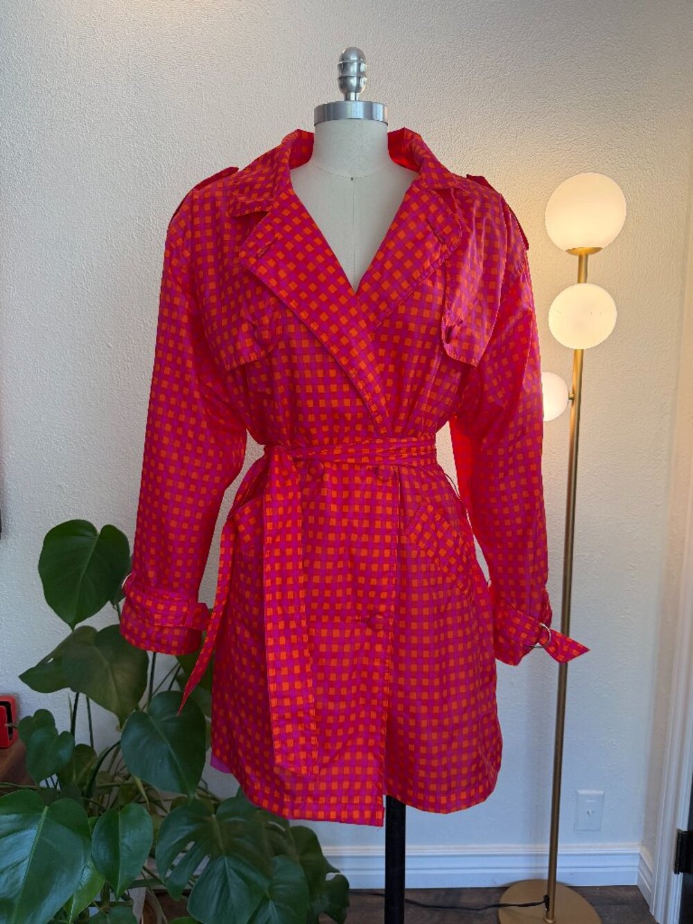 VTG Kaos Andy Johns Gingham Trench Coat Maximalist Dopamine Jacket Glamcore Sz M
